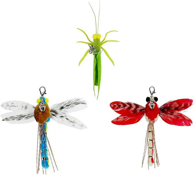 TTcat Cat Feather Toys, 3 Pcs Simulation Insects Dragonfly Grasshopper Refills, Cat Toys Replacement Feathers for Cat Kitten Wand