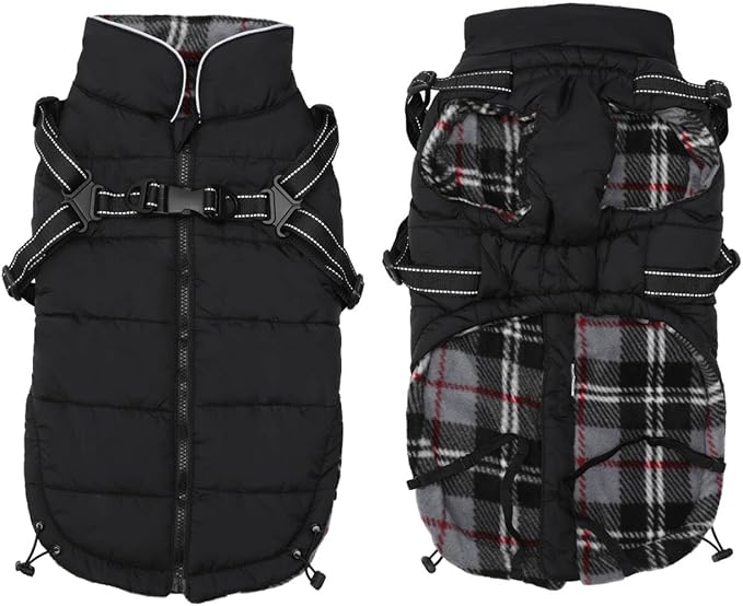 Geyecete Winter Warm Coat Waterproof Dog Jacket with Harness Traction Belt, Pet Outdoor Jacket - Black - L