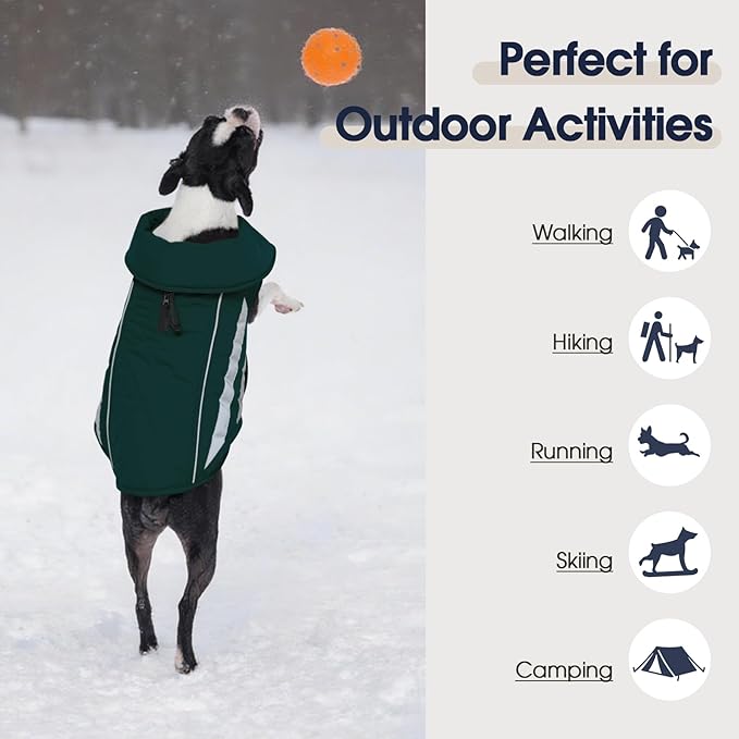 IECOii 4XL Winter Dog Coat - Waterproof & Reflective & Adjustable, Warm Fleece Jacket for Great Dane, Snow & Rain Walking, Skiing, Green, Sizes XXXXL