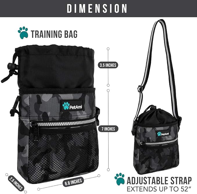 PetAmi Dog Treat Pouch, Pet Treat Pouch for Training, Dog Walking Bag Holder for Kibbles, Pet Food Toy, Dog Trainer Essentials Supplies, Poop Bag Dispenser, 3 Ways to Wear (Camo Black)