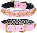 Adjustable Genuine Leather Spiked Studded Dog Collars for Small Medium Large Pets Like Pit Bull Bulldog Pugs Husky (M, Pink2)