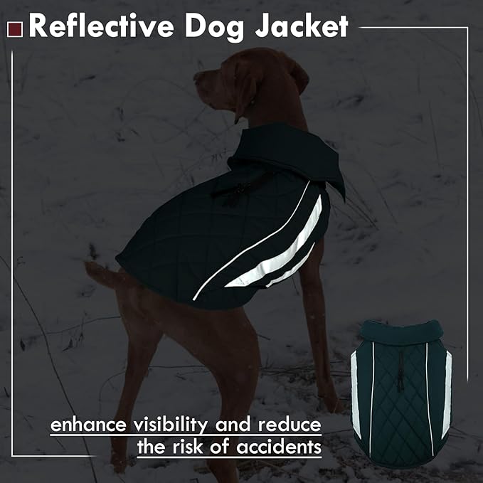 Large Dog Jacket Waterproof Warm Dog Winter Coats with Harness Hole Turtleneck Reflective Snowsuit Adjustable Fleece Coat for Dogs French Bulldog, Green L