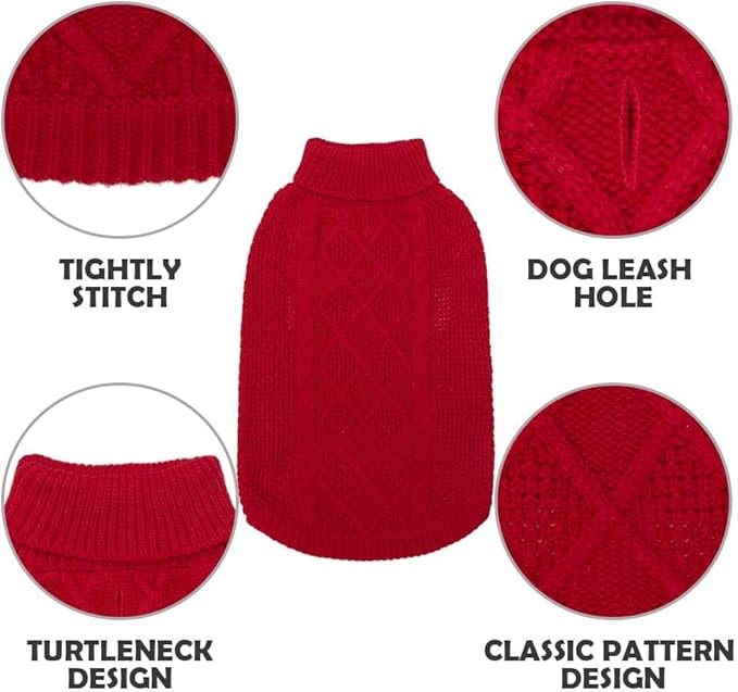 Mihachi Turtleneck Dog Sweater - Winter Coat Apparel Classic Cable Knit Clothes with Leash Hole for Cold Weather, Ideal Gift for Pet in New Year Red 3XL