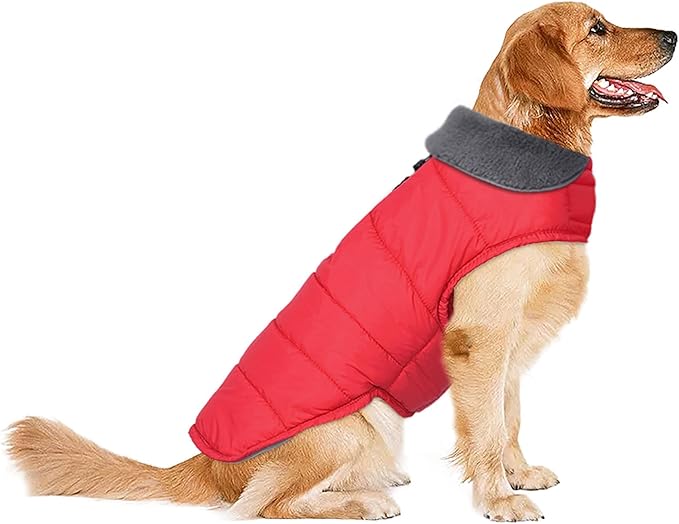 Dog Winter Coat, Waterproof Dog Jacket with Leash Hole, Reflective Adjustable Pet Snow Vest, Warm Fleece Sweater for Small Medium Large Dogs - Red, L