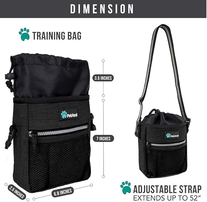 PetAmi Dog Treat Pouch, Pet Treat Pouch for Training, Dog Walking Bag Holder for Kibbles, Pet Food Toy, Dog Trainer Essentials Supplies, Poop Bag Dispenser, 3 Ways to Wear (Charcoal)