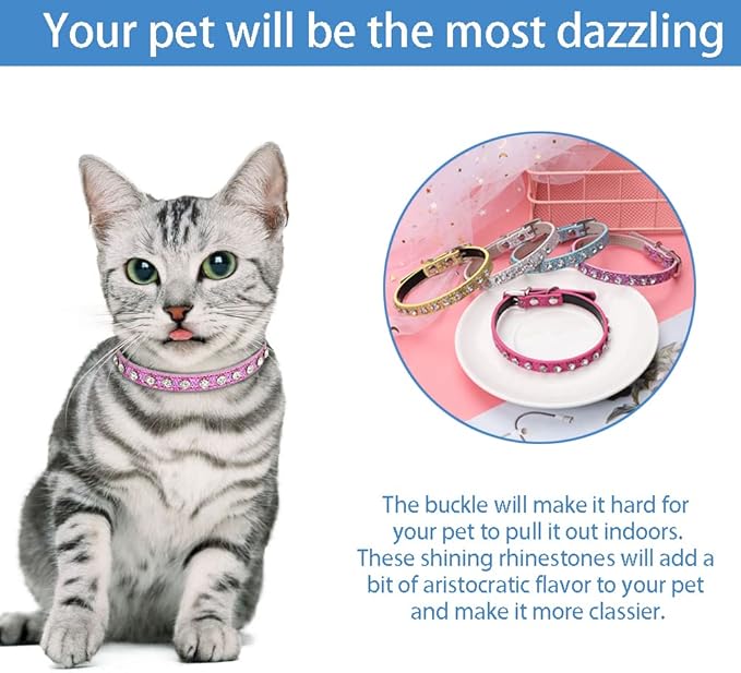 Cat Collar Rhinestone Bling Cute Cat Collars Accessories for Pet Collars Adjustable Ideal for Girl Cats Male Cats(Pink)