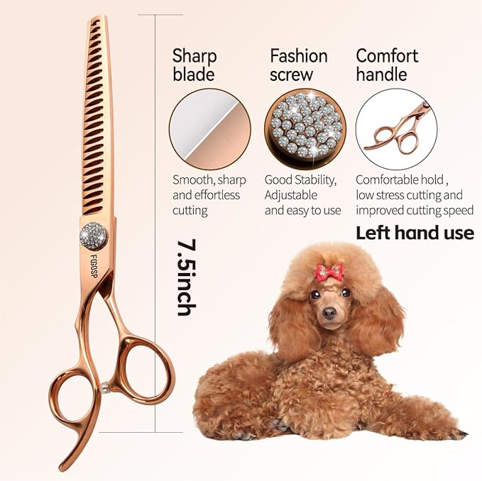 Left Handed Professional Chunkers Dog Grooming Scissors 7.5'' Rose Gold Titanium Thinning Shears for Large Dogs Poodle Pet Grooming Shears Japanese 440C 70% Thinning Rate 26 Teeth(7.5,Chunker)