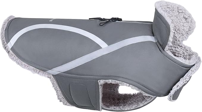 VIVAGLORY Frostfit Dog Coat, Dog Jacket for Winter & Cold Weather, Warm Fluffy Fleece Lined Water Resistant Reflective for Puppy, Coat with Velcro Fastening & Leash Hole, M, Grey