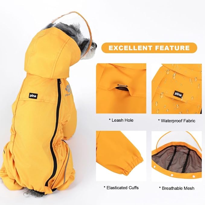 PINA Dog Raincoat, Waterproof Jacket with Hood & Reflective Strap, Lightweight Poncho with Leash Hole for Wet Weather