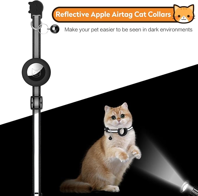2 Pack Airtag Cat Collar with Bell, Reflective Nylon Kitten Collar with Apple Air Tag Holder and Breakaway Safety Buckle for Puppy Girl Boy Cats, 3/8" in Width and Lightweight, Black/Purple