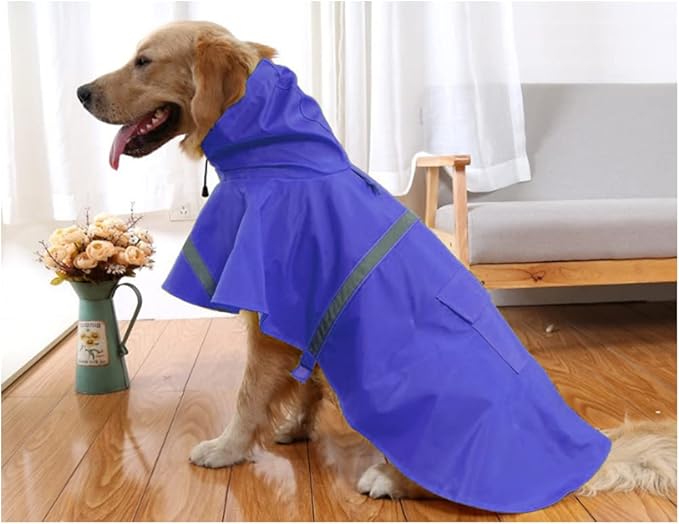 Mikayoo Large Dog Raincoat Adjustable Pet Waterproof Clothes Lightweight Rain Jacket Poncho Hoodies with Strip Reflective(Dark Blue,XXXL)