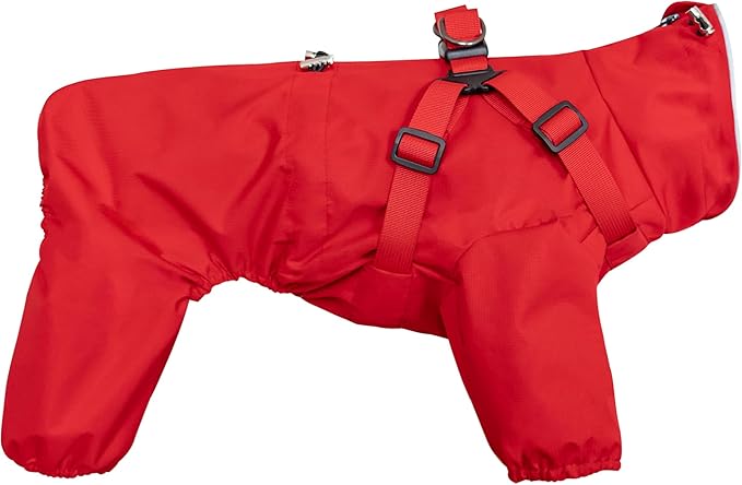 Mile High Life Waterproof Dog Raincoat, Full Coverage Small Dog Rain Coat with Harness, Adjustable 4 Legs Puppy Rain Jacket with Reflective Strip and Elastic Cuffs (Red, XS Back Length 11.4")