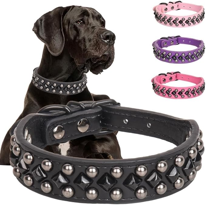 Serijoars Spiked Studded PU Leather Dog Collar for Small, Medium, Large Breeds, Pit Bull, Bully, Husky, Terrier, Adjustable (Black, XXL (50-57CM))