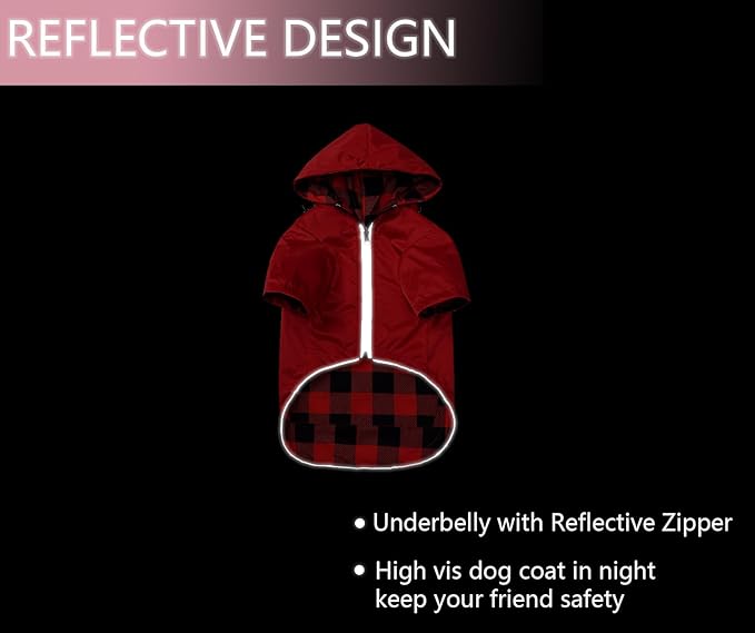 Dog Raincoat Dogs Waterproof Reversible rain Jacket Dog Small Medium Breeds Reflective Zipper Storage Pocket Harness Hole - Red - S