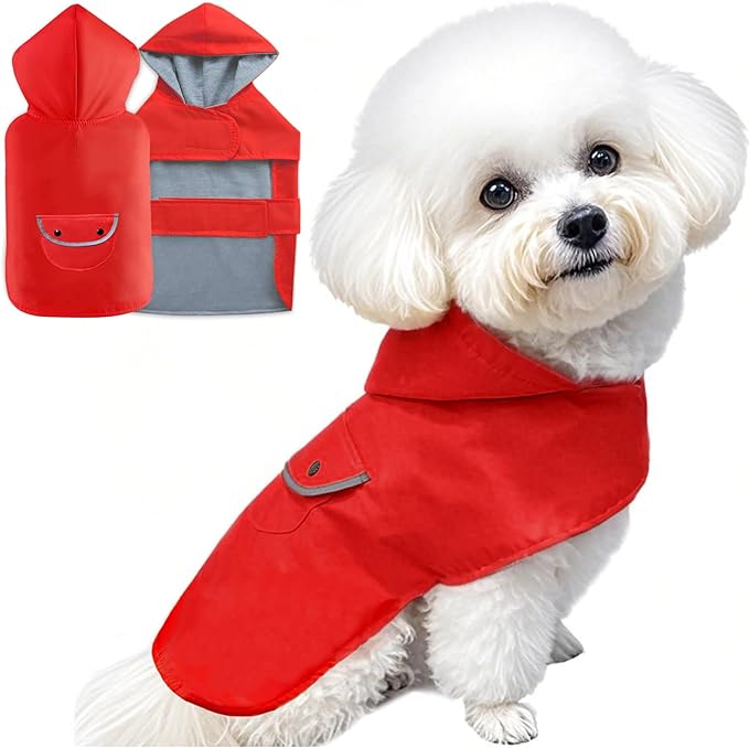 Small Dog Raincoat Dogs Rain Jacket Reflective Poncho Rainwear Waterproof Pet Clothes Warm Lined Pocket Hooded Leash Hole Adjustable for Puppy,Red,S,Back Length 8.3 Inch