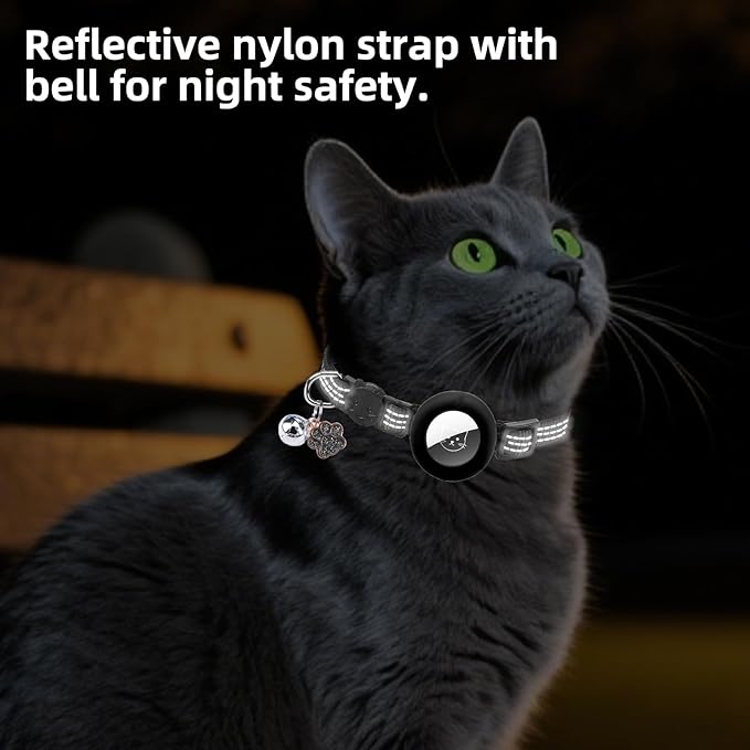 PUPTECK Airtag Cat Collar Breakaway 2 Pack with Bells, Reflective Kitten Collar with Air Tag Holder for Boy Girl Kitty and Puppies, Soft, Black & Beige