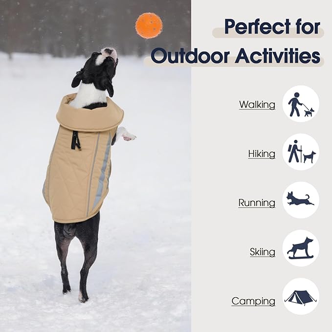 IECOii Dog Fleece Jacket - Reflective & Waterproof Jackets for Dogs, Adjustable Winter Coat for Snow Rain Warmth, German & Shepherd, Khaki, Sizes 2XL