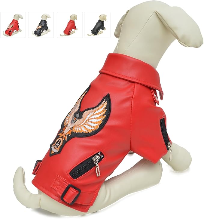 Lovelonglong Cool Dog Leather Jacket, Warm Coats Dogs Windproof Cold Weather Coats for Large Medium Small Dogs with Eagle Embroidery Red B-M