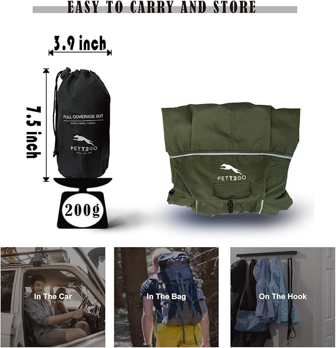 Dog Lightweight Windbreaker, Dog Outdoor 4-Legs Jacket, 0.5 lbs,Durable Water Repellent, Hooded, Easy on/Off with Collar and Harness, Reflective, Packable,Dark Olive -XXL(Male)