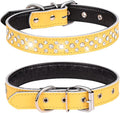 Rhinestones Dog Collar, Adjustable Sparkly Crystal Studded Genuine Leather Pet Dog Collar for Small and Medium Dogs (L, Yellow)