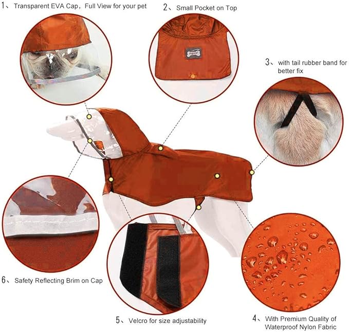 Pet Raincoat Packable Hooded Dog Rain Jacket Reflective Strips Lightweight Adjustable Poncho for Small Medium Large Dogs Orange XL
