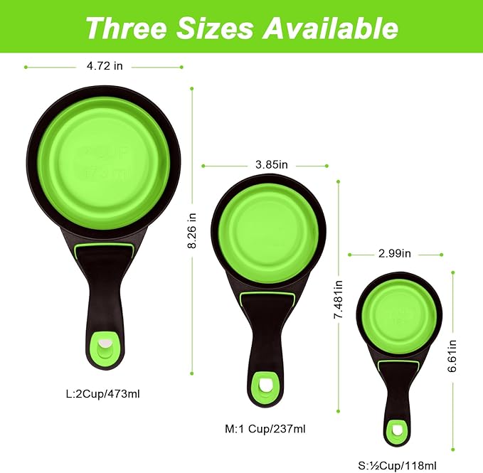 Collapsible Silicone Dog Food Scoop Foldable Pet Food Measuring Cup with Bag Clip 3 in 1 Multi-Function Silicone Dog Food Scooper (Green, Large)