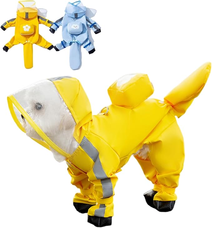Small Dog Raincoat with Legs, Ideal for Teddy Bears, Waterproof Full Coverage with Mini Backpack, Reflective Hoodie and Detachable Tail (Yellow, X-Large(Suggest Weight 13.2-16.6lb))