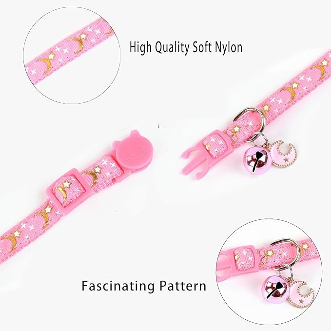 4 Pack Breakaway Cat Collar with Bell,Safety Adjustable Cat Collars Set with Moon and Star Pattern,Ideal for Girl Cats Boy Cats