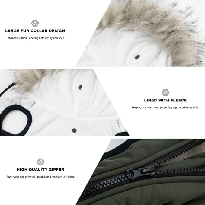 PINA Winter Coat with Waterproof Fabric, Faux Fur Hood, Reflective Strap for Small to Large Dogs, Green, XL
