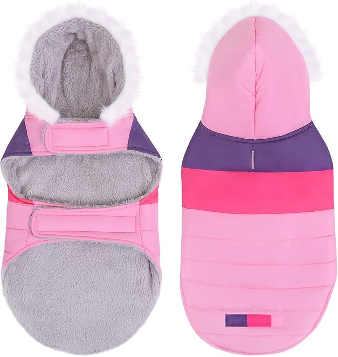 HDE Dog Puffer Jacket Fleece Lined Warm Dog Parka Winter Coat with Harness Hole Pink Stripe - L