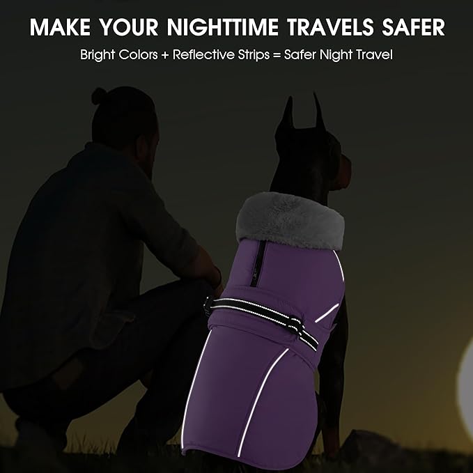 PETDSH Dog Coat Large, Windproof Dog Jacket with Warm Fleece Lining, Thickened Collar Dogs Winter Coat, Adjustable Reflective Pet Coats for Cold Weather (Purple, XX-Large)