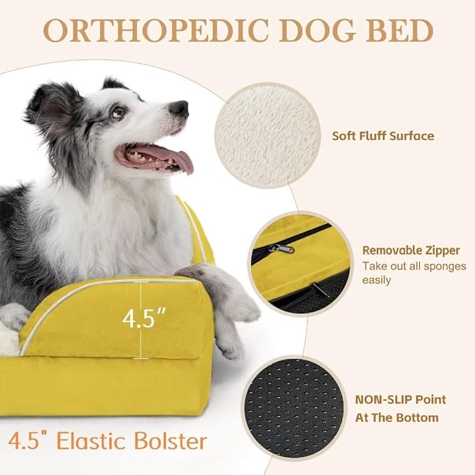 Comfort Expression Orthopedic Dog Bed for Large Dogs 36x27 Inch, Waterproof Egg Crate Foam Large Pet Bed with Removable Bolsters, Dog Couch with Washable Cover & Non-Slip Bottom, Spicy Mustard