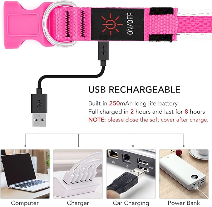 YFbrite Light up Dog Collar, USB Rechargeable LED Puppy Collar Super Bright Adjustable Glowing Dog Lights for Night Walking (Pink, Large)