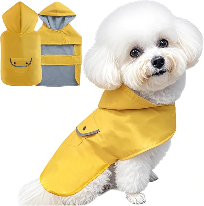 Dog Raincoat Dogs Rain Jacket Reflective Poncho Rainwear Waterproof Pet Clothes Warm Lined Pocket Hooded Leash Hole Adjustable Medium Dogs,Yellow,XXXL,Back Length 20.0 Inch