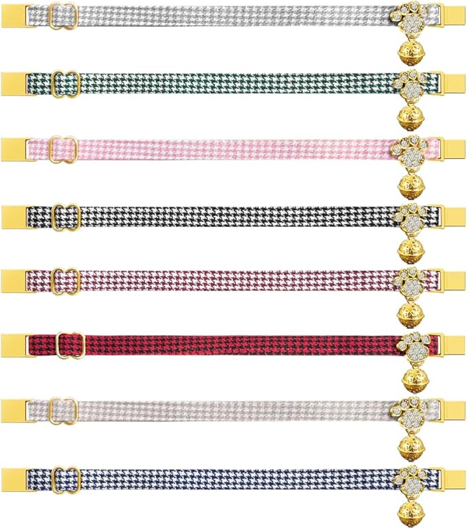 Personalized Breakaway Cat Collars - Magnetic Buckle, Bell - Safety Quick Release, Customized for Girls & Boys Cats- (Houndstooth-Khaki)