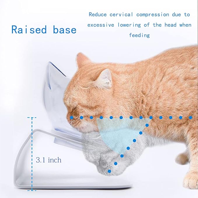 Luck Dawn Double Elevated Cat Bowls with Raised Stand, 15 Tilted cat Bowl Design Neck Guard Stand Raised Pet Food Water Feeder Bowl for Cats or Small Dogs