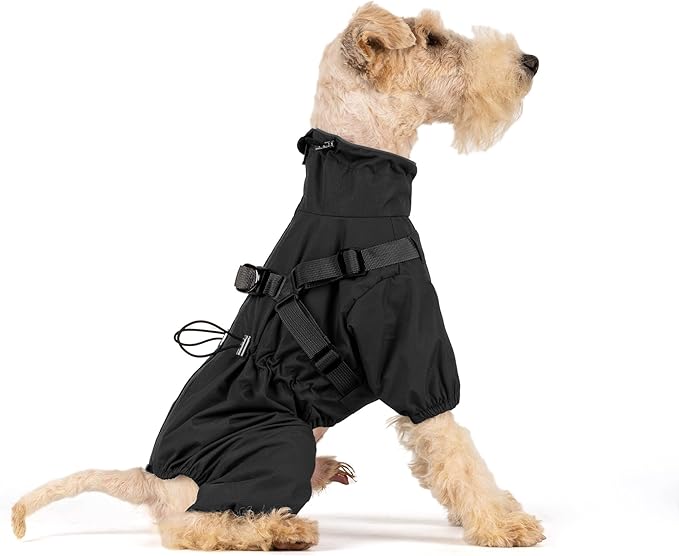 Mile High Life Waterproof Dog Raincoat, Full Coverage Small Dog Rain Coat with Harness, Adjustable 4 Legs Puppy Rain Jacket with Reflective Strip and Elastic Cuffs (Black, XS Back Length 11.4")