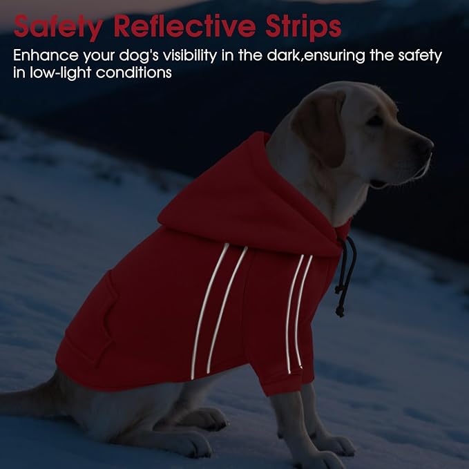 ASENKU Cozy Dog Hoodie，Soft Sweater with Adjustable Hood, Back Pocket and Leash Access Hole，Warm Reflective Sweatshirt for Cold Weather（Red，L