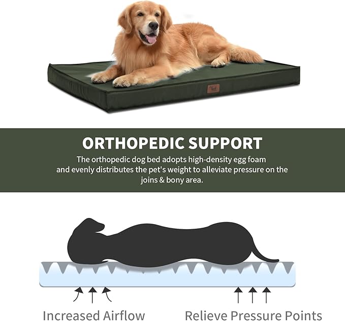 Outdoor Dog Bed for Medium Dogs, Waterproof Dog Crate Mat Orthopedic Egg Crate Foam Pet Bed with Washable Removable Oxford Cover, Dark Green