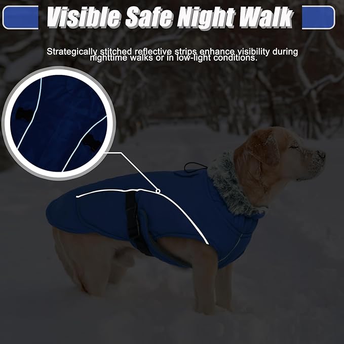 DENTRUN Large Dog Winter Coat - Windproof Reflective Warm Coat, Adjustable Neck & Snap Closure, Water Repellent Thick Fleece Vest, Fleece Lined for for Golden Retriever, Blue, XL