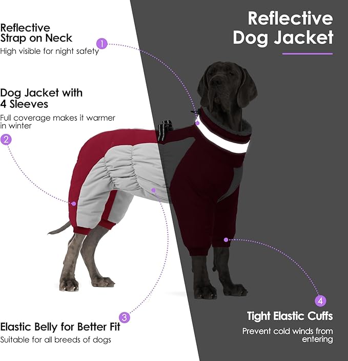 SUNFURA Full Body Dog Coat - Warm Fleece Jacket for Small Dogs, Turtleneck Winter Coats with Harness, Reflective Dog Snowsuit Windproof Puffer Jackets with Legs for Pug, Jack Russel, Burgundy S