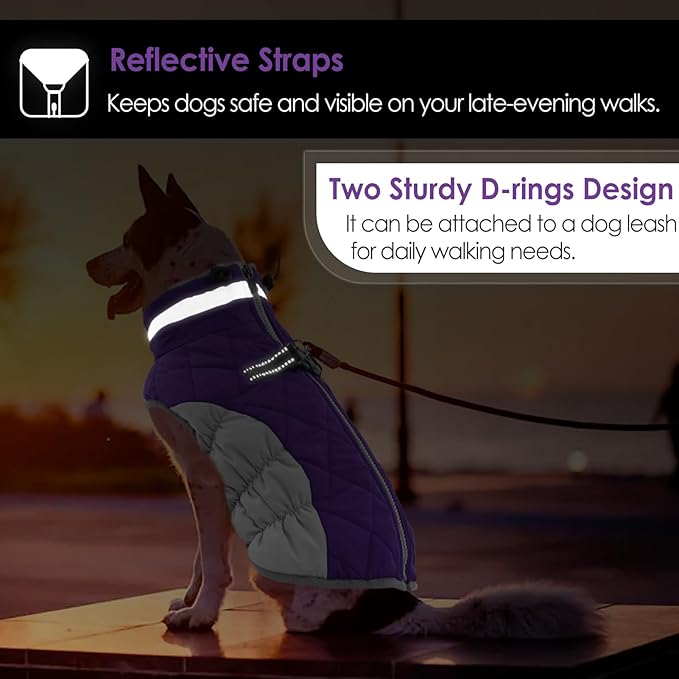 AOFITEE Dog Coat, Warm Dog Winter Coat, Reflective Turtleneck Large Dogs Jacket with Harness Built in, Turtleneck Pet Winter Jacket, Waterproof Pet Snow Jackets Fleece Vest, Purple XL