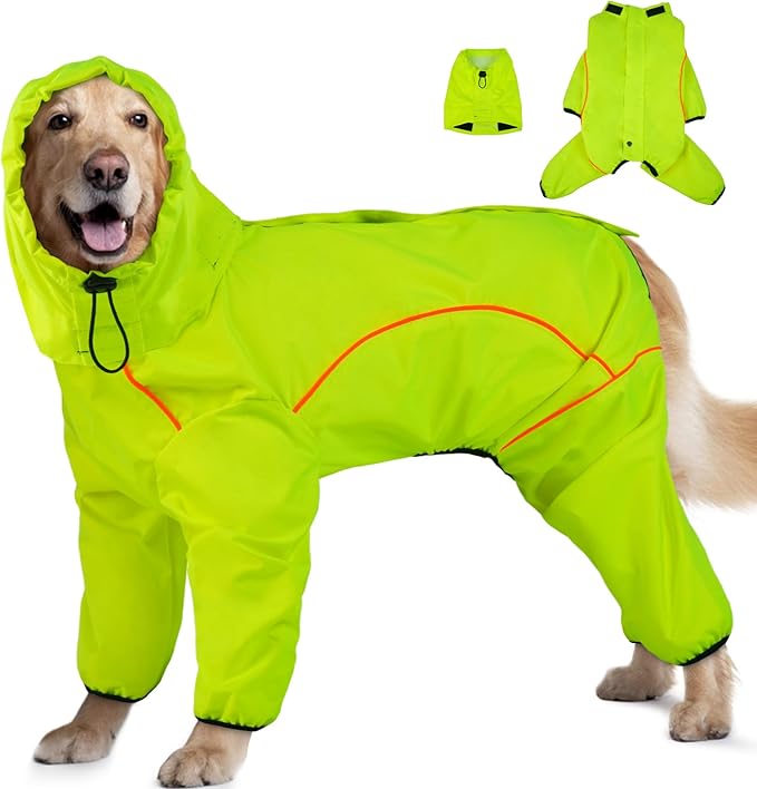 Dog Raincoat, Waterproof Dog Rain Jacket with Removable Hood，Adjustable 4 Legs Pet Poncho with Leash Hole，Reflective Stripe Hooded Snowproof Windproof Clothes for Small to 3X-Large Dogs, L