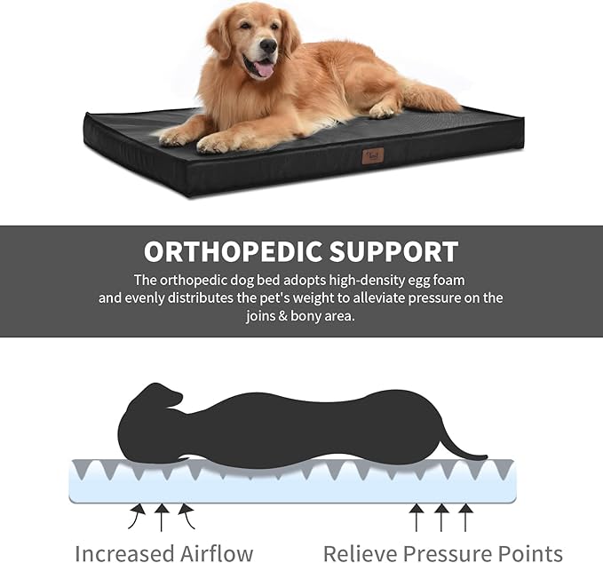 Outdoor Orthopedic Dog Bed for Extra Large Dogs, XL Waterproof Flat Pet Bed 44x32 Inch, Egg Crate Foam with Removable Washable Oxford Cooling Cover, Black