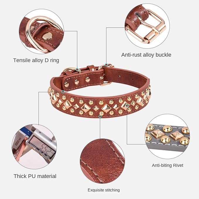 Spiked Dog Collar Soft Pu Leather Mushrooms Rivet Spike Studded Puppy Adjustable Pet Collars for Small Breeds (M, Grey3)