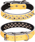 Adjustable Genuine Leather Spiked Studded Dog Collars for Small Medium Large Pets Like Pit Bull Bulldog Pugs Husky (M, Yellow)