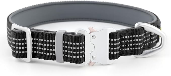 Plutus Pet Reflective Dog Collar with Aviation Aluminum Buckle, Neoprene Padded for Comfort, Lightweight, Heavy Duty Nylon Collar for Puppy Small Medium Large Dogs (Black, M)