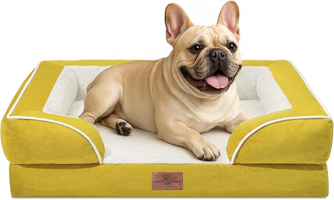 Comfort Expression Orthopedic Dog Bed for Medium Dogs 28x19 Inch, Waterproof Egg Crate Foam Medium Pet Bed with Removable Bolsters, Dog Couch with Washable Cover & Non-Slip Bottom, Spicy Mustard