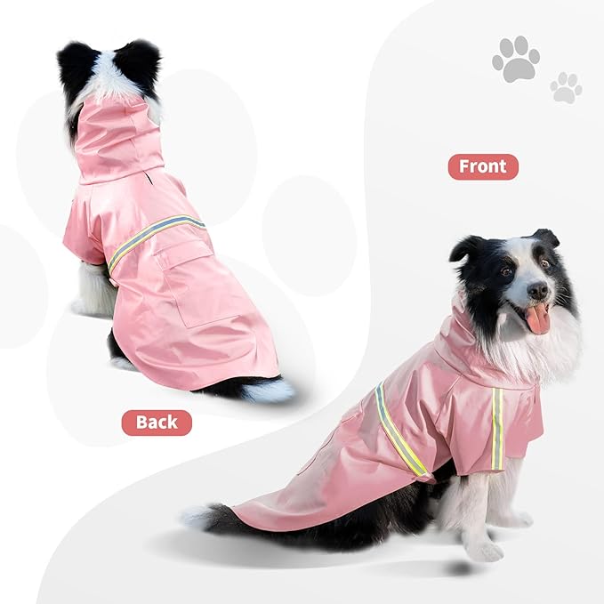 Dog Raincoat, Waterproof Windproof Dog Rain Jacket Adjustable, Rain Coat with Leash Hole, Reflective Strap Raincoat Poncho for Small Medium Large Dogs Outdoor (Reflection-Pink, Medium)