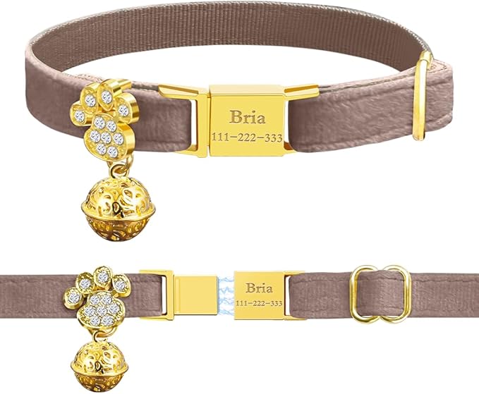 Personalized Breakaway Cat Collars - Magnetic Buckle, Bell - Safety Quick Release, Customized for Girls & Boys Cats- (Velvet-Chocolate)